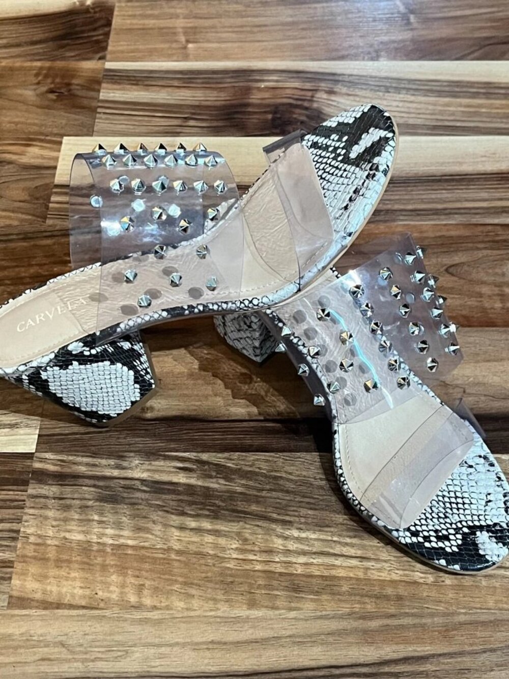 Carvela Studded Clear & Snake Print Block Heel Slip On Sandals sz 8.5 - 9 - Picture 2 of 5